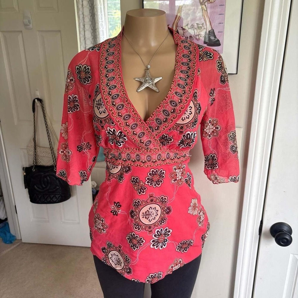 y2k 2000s boho pink paisley surplice deep v the back top